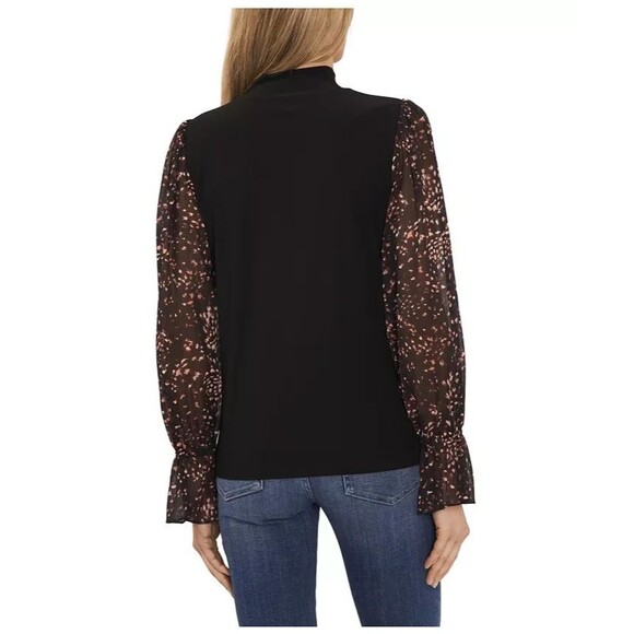 CeCe Women's Sheer Printed Long-Sleeve Mock Neck Top Rich Black XS - Picture 3 of 7